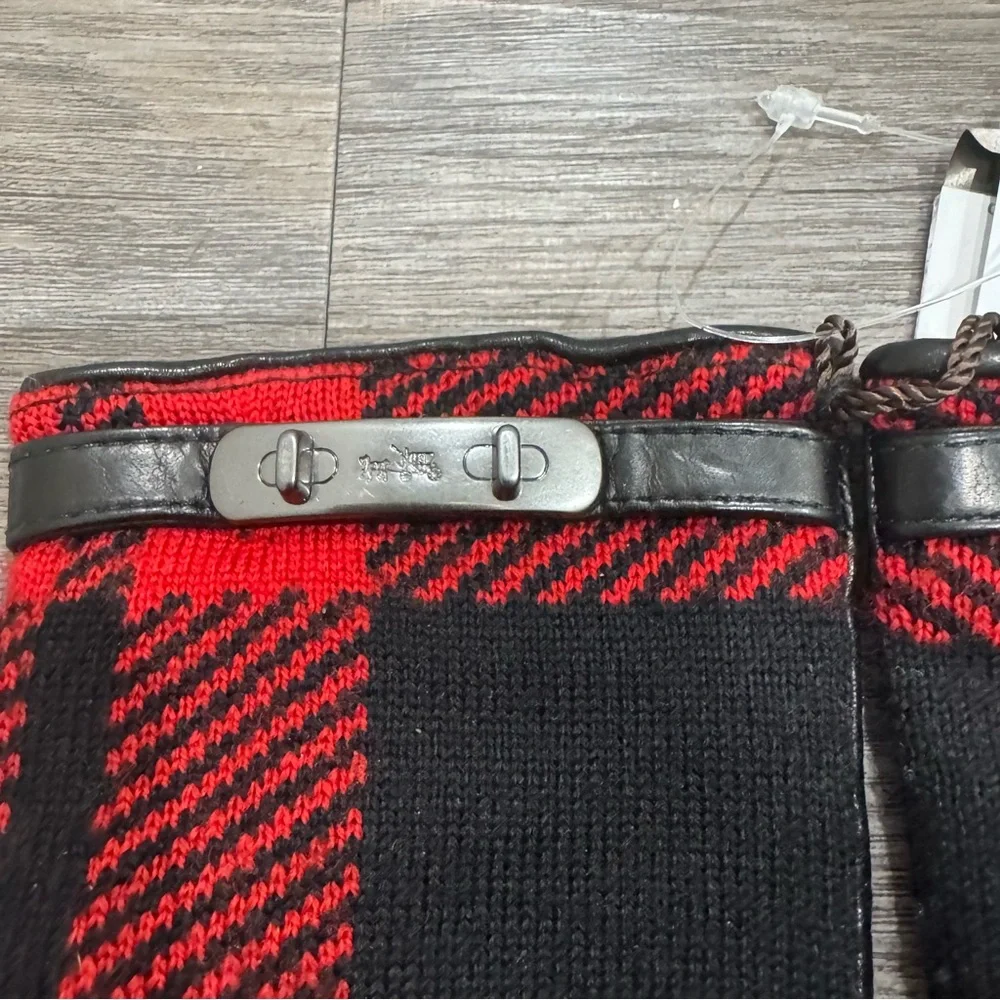 Coach Plaid Red Black Leather Gloves